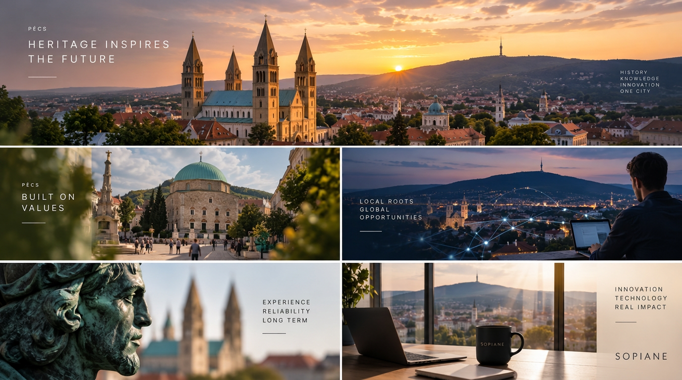 Collage of the Pécs skyline and a modern work environment
